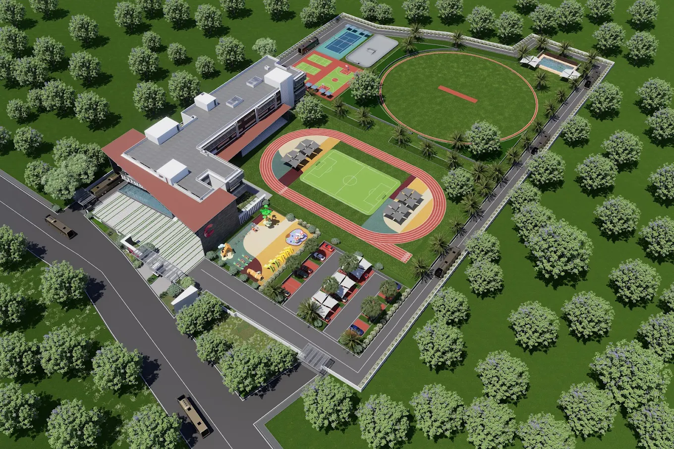 Aerial view of Celeste International Schools campus with running track