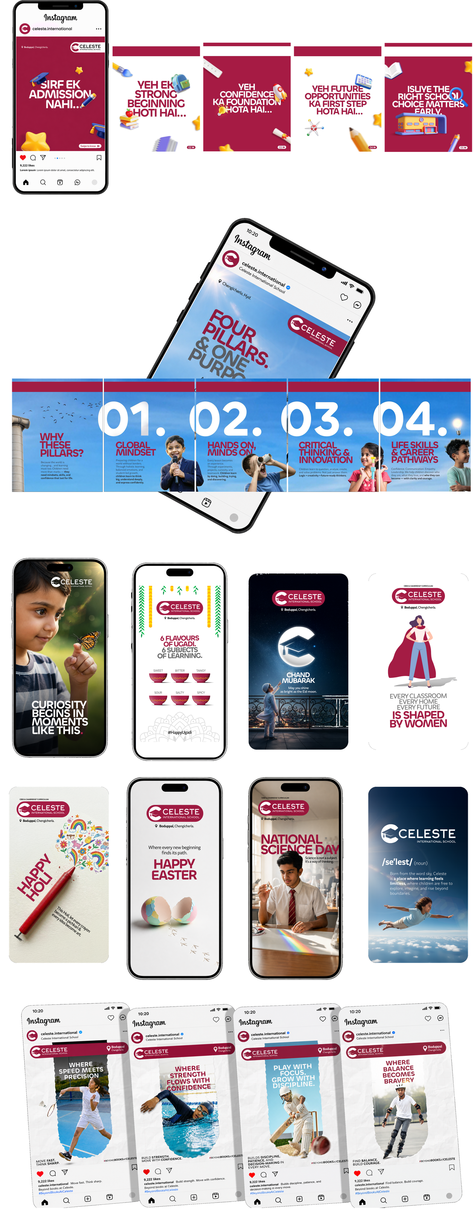 Celeste social media campaign collage — feeds, reels, and creatives