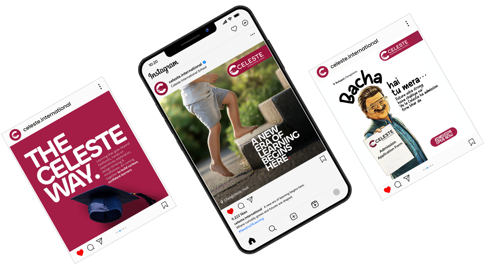 Celeste Instagram posts fanned around a phone mockup